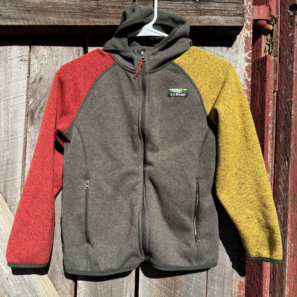 Kids' L.L.Bean's Sweater Fleece, Hooded Colorblock Red Green Yellow - Picture 2 of 2